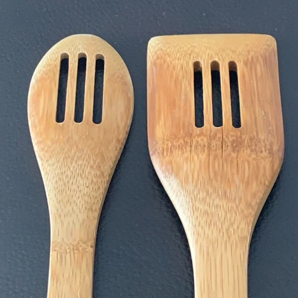 VTG Pampered Chef Slotted Wooden Utensils Bamboo Cooking Spoon Spatula Farmhouse